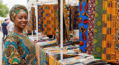 African woman smiling at vibrant fabric stalls in market  