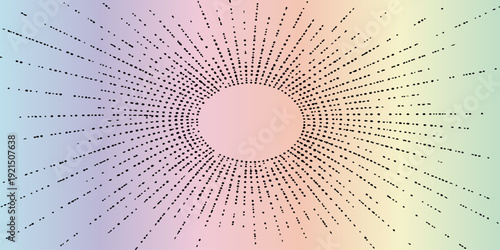 A 3d digital technology wallpaper featuring a binary code tunnel and abstract circle pattern design with glowing light dots and halftone matrix lines on a dark network data space backdrop