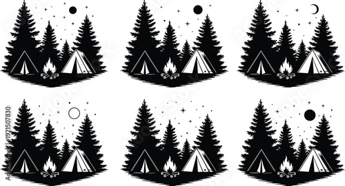 Set of camping silhouettes featuring forest trees, tents, campfires, and starry night skies for outdoor adventure and mountain wilderness landscape design.