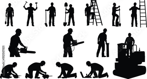 Set of construction worker silhouettes featuring builders with tools, ladders, chainsaws, and heavy machinery for industrial site projects and maintenance,