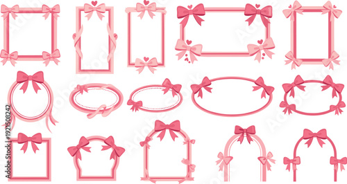 Cute Pink Ribbon Bow Frames Collection Romantic Decorative Borders for Wedding Invitations, Valentine Cards, Social Media Templates, Scrapbooking, and Feminine Design