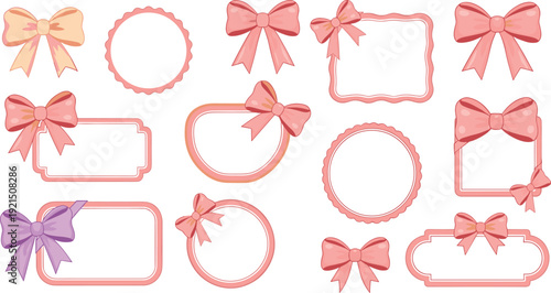 Cute ribbon bow frames and decorative borders collection in pastel colors for wedding invitations, greeting cards, feminine branding and social media templates.