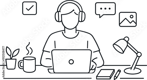Customer Support Agent Working at Desk Illustration