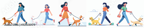 Vector of a woman takes her dog for a walk.