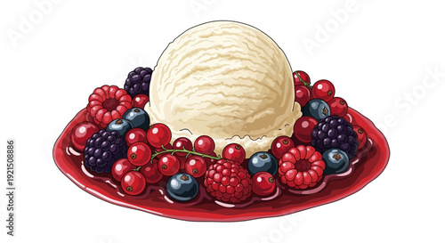 A vibrant red plate holds a scoop of creamy ice cream surrounded by assorted berries including strawberries and blueberries in a still life illustration