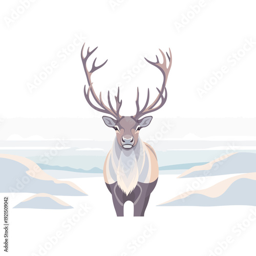 Majestic Reindeer with Antlers in Snowy Arctic Landscape - Vector Illustration
