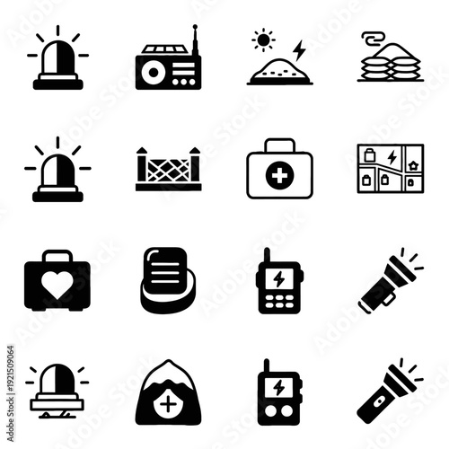 Community Disaster Resilience and Emergency Preparedness Icon Collection for Council Safety Guides and Response Apps Illustrating Neighborhood Readiness Survival Tools and Local Recovery Solutions