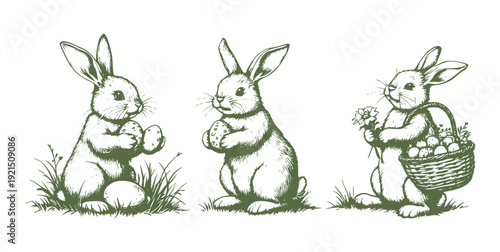 Vintage Easter Bunny Vector Set Cute Cartoon Rabbits Spring Collection With Eggs Basket Flowers