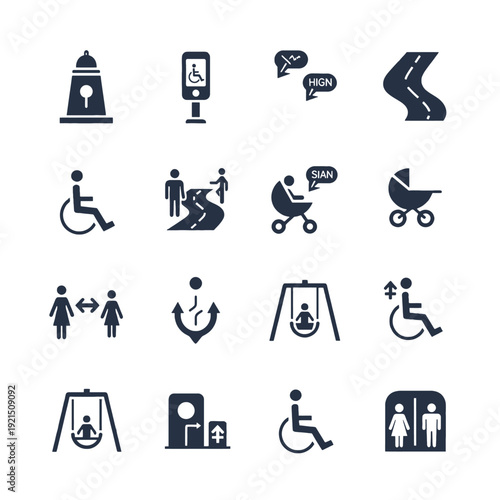 Accessible City and Inclusive Urban Planning Icon Collection for Municipal Reports and Accessibility Guides Illustrating Diversity Wayfinding and Universal Design Solutions