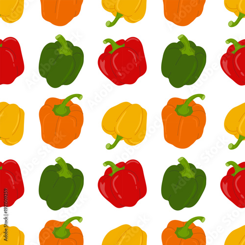 Seamless pattern with sweet bell peppers in orange, yellow, green and red colors. Fresh colorful vegetables background for culinary projects. Flat vector illustration.