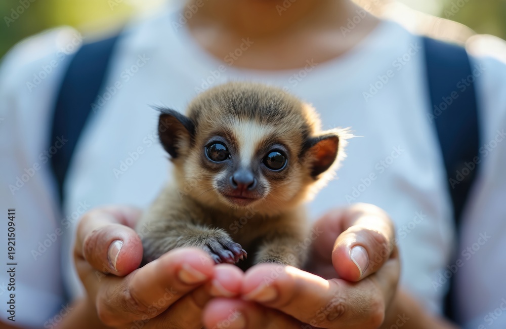 Naklejka premium Small lemur animal sits in open human hands. Tiny primate with big dark eyes looks cute. Person holds wild mammal gently outdoors in sunlight, close up.