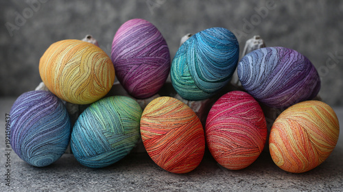 Colorful decorated Easter eggs arranged together on a textured gray surface for springtime celebrations.