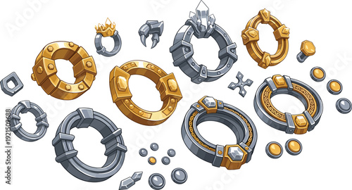 Fantasy Game Ring and Amulet Collection with Gold Silver Gemstone Magic Jewelry for RPG Inventory Assets and Medieval Treasure Design.
