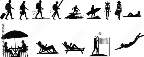 Travel and vacation silhouette icons set with beach activities, skiing, surfing, and relaxing, cad drawing flat vector illustration, travel icons