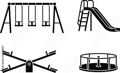 Set of playground equipment silhouettes featuring outdoor swings, slides, seesaws, and merry-go-rounds for park landscape design, cad drawing flat vector illustration.