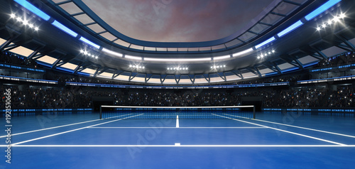 Blue tennis court at a sports arena with shining spotlights and fans ready for the upcoming grand sporting event. Professional sports background for advertisement.