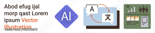 Artificial intelligence, language translation, technology applications, digital tools, data visualization, user interfaces. AI logo, translation process and analytical dashboard icons. Artificial