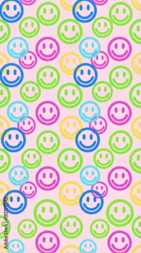Colorful smiley face pattern on light background, playful pop art wallpaper for kids and teen design, cheerful mood for party invites, World Smile Day theme