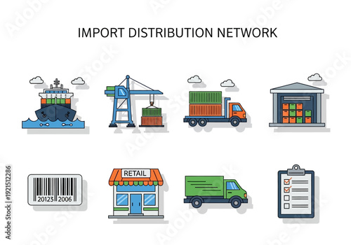 Global import distribution network illustrated with shipping, logistics, and retail icons