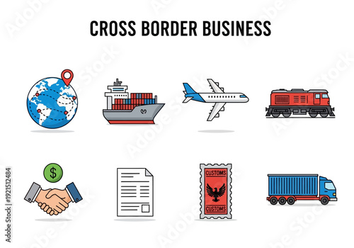Global Trade and International Business Logistics Illustrated with Icons of Shipping, Transportation, and Finance