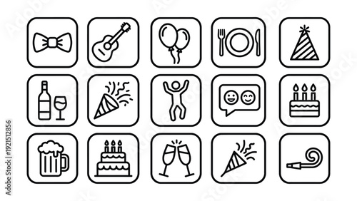 Flat Line Art Vector Icons for Parties, Celebrations, and Special Events. Modern Minimal Outline Symbols for Birthdays, Festive Occasions, Music, Food, and Entertainment on White Background.