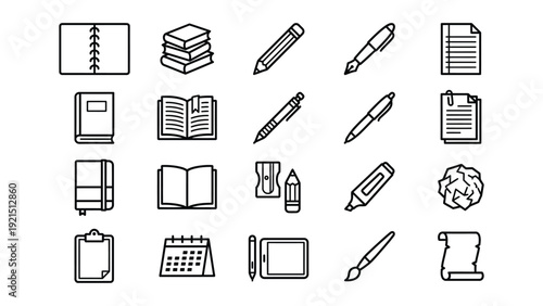 Flat Line Art Vector Icons for Stationery, Education, and Office Supplies. Modern Minimal Outline Symbols for Writing, Drawing, Studying, and Creative Work on White Background.