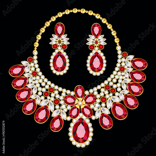 Luxurious ruby and diamond jewelry set in gold [in red, white, and gold colors] [for formal events and elegant occasions]