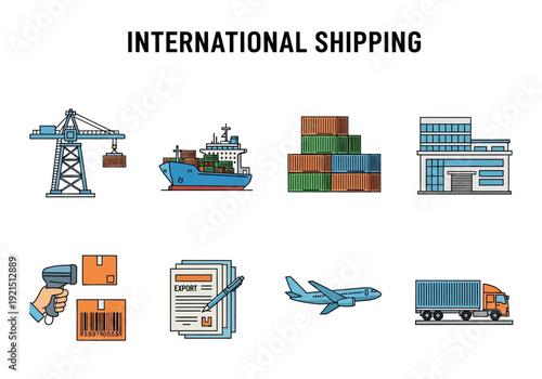 International Shipping and Logistics Icons Cranes, Cargo Ships, Containers, Buildings, Scanners, Documents, Airplanes, and Trucks
