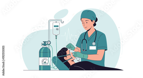 Doctor Administering Oxygen Therapy to Patient, Medical Care Illustration