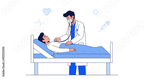 Doctor examining patient in hospital bed with stethoscope, medical illustration