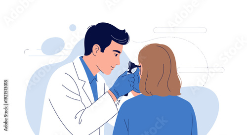Doctor examines patient's ear with otoscope, medical checkup, healthcare illustration