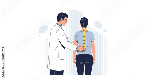 Doctor examining patient's spine, spinal health checkup, medical illustration