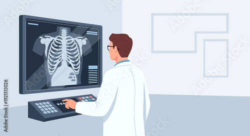 Doctor Examining X-ray Scan of Human Rib Cage on Digital Screen