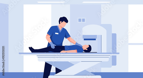 Doctor Examining Patient on Medical Scan Bed in Modern Hospital Room