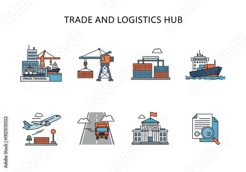 Trade and Logistics Hub Global Shipping, Air Cargo, and Supply Chain Icons