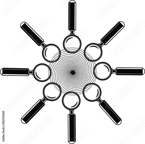 Abstract magnifying glass pattern, circular search concept, investigation analysis symbol, data research visualization, forensic discovery idea, black vector illustration, minimal design, background