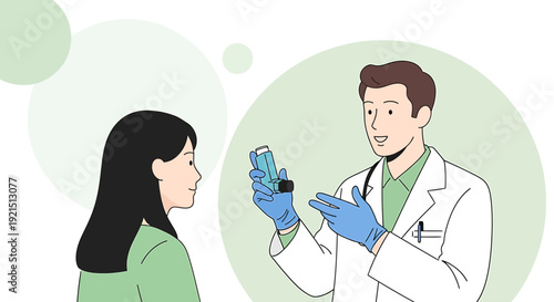 Doctor Shows Asthma Inhaler to Patient, Medical Consultation and Health Care Illustration