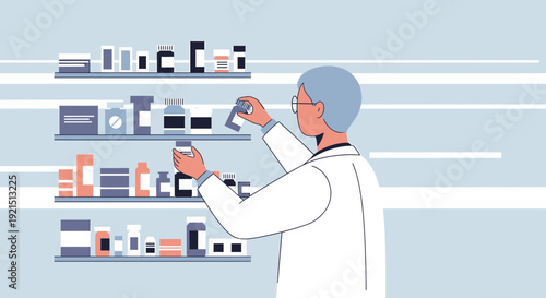 Pharmacist Arranging Medication Bottles on Shelves in Pharmacy