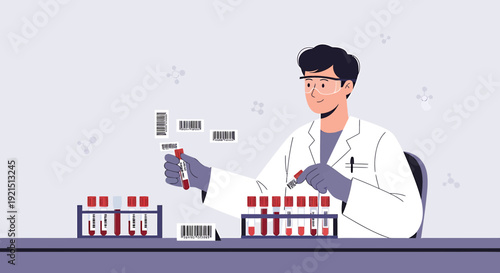 Scientist Analyzing Blood Samples in Laboratory with Barcodes