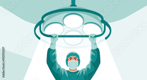 Surgeon Adjusting Operating Room Light, Medical Healthcare Concept, Clean Atmosphere