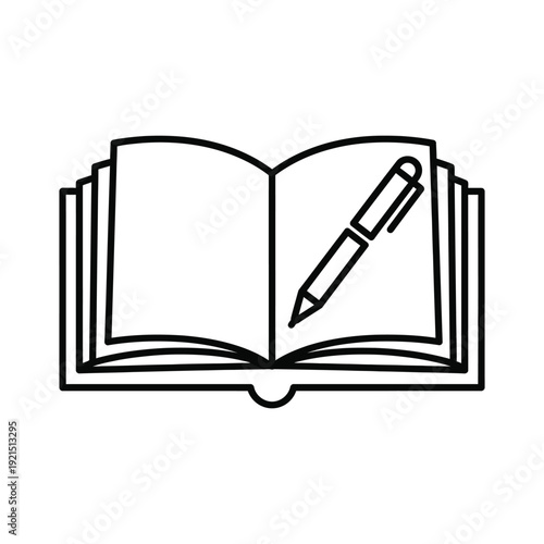 An open book icon displaying multiple pages with a stylized writing pen resting diagonally across the center spread on a pure white background.