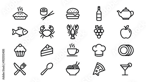 Delicious Food and Drink Outline Icon Set. Restaurant Menu, Dessert, Seafood, Fruit, and Beverage Vector Collection for Culinary Apps, Websites, and Packaging.