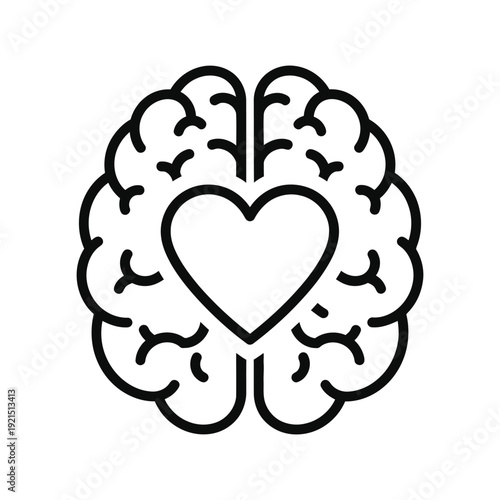 Outline drawing of the human brain showing a heart shape centered between the two hemispheres symbolizing emotional intelligence.