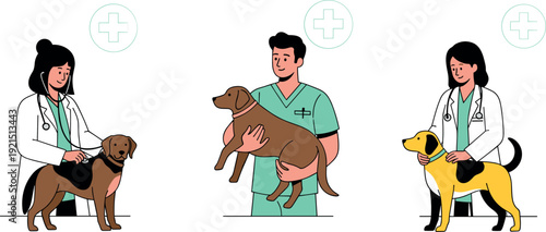 Veterinary Doctors Caring For Dogs In Clinic Flat Vector Illustration Pet Healthcare Medical Service Concept