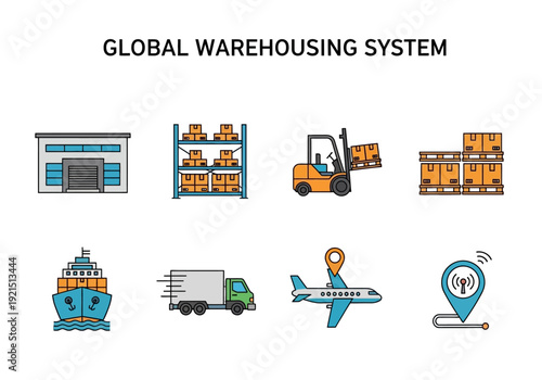 Logistics and supply chain management icons for global distribution and transportation services