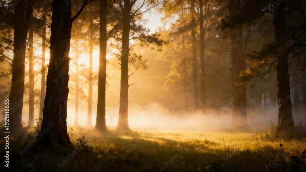 Obraz premium Enchanted misty forest with subtle golden glowing lights, tranquil, sacred cinematic atmosphere