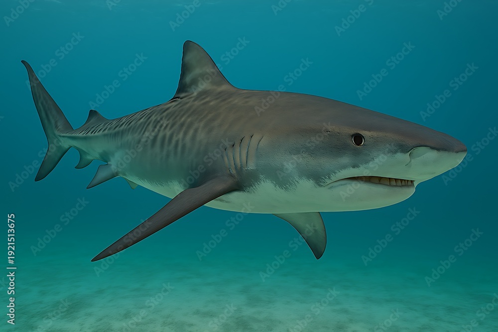 Obraz premium A grey reef shark swims in the ocean with fins visible from a side viewpoint