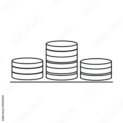 Three distinct stacks of circular coins are arranged horizontally on a flat surface indicating varying amounts of currency.