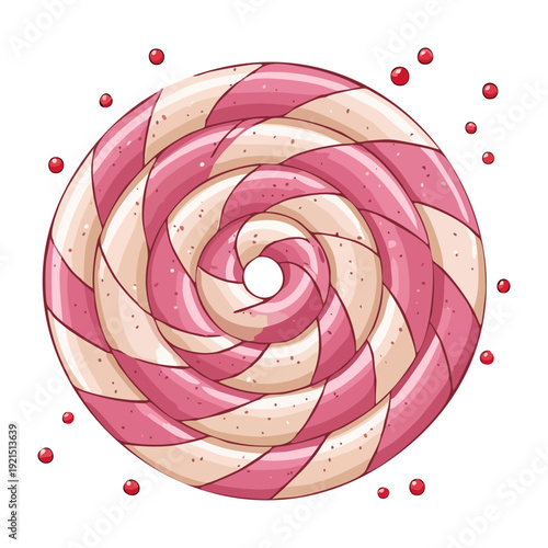 Illustration of a delicious pink candy lollipop with red dots and a spiral design perfect for sweet shop branding and posters