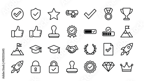 Achievement, Success, and Quality Outline Icons. Awards, Verification, Progress, and Security Vector Set for Business, Education, and Personal Goal Tracking Apps.